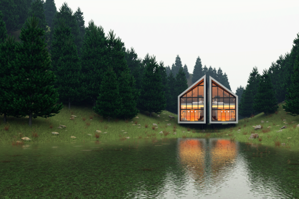 Diseño conceptual de conjunto de cabañas gemelas  para rentar en AIRBNB al lado de un lago en un clima frío en Europa.