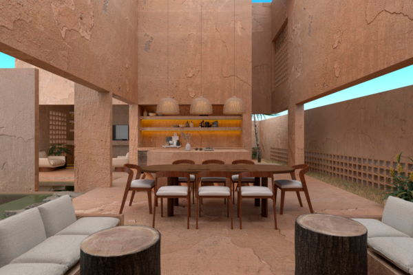 Diseño conceptual de conjunto de cabañas, casa, alberca y áreas comunes en un clima tropical.