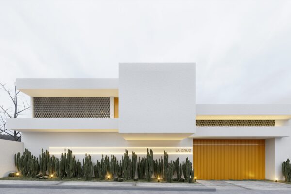 Diseño conceptual de casa turística contemporánea con vista a las montañas en una zona rural.