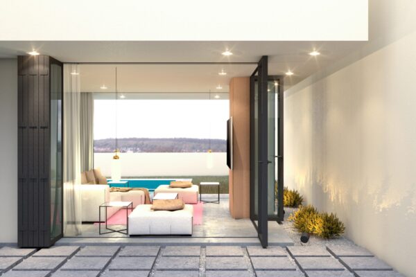 Diseño conceptual de casa con forma escultórica que aprovecha las vistas a las montañas.