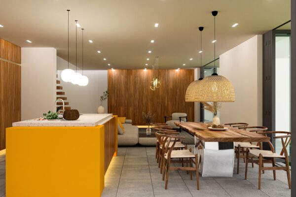 Diseño conceptual de casa turística contemporánea con vista a las montañas en una zona rural.