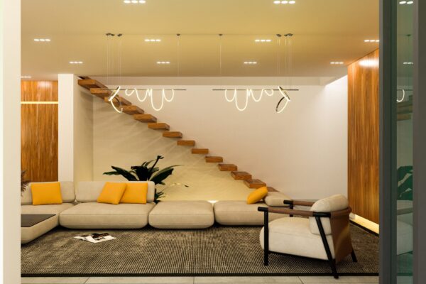 Diseño conceptual de casa turística contemporánea con vista a las montañas en una zona rural.