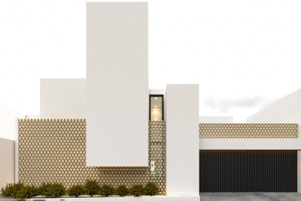 Diseño conceptual de casa con forma escultórica que aprovecha las vistas a las montañas.