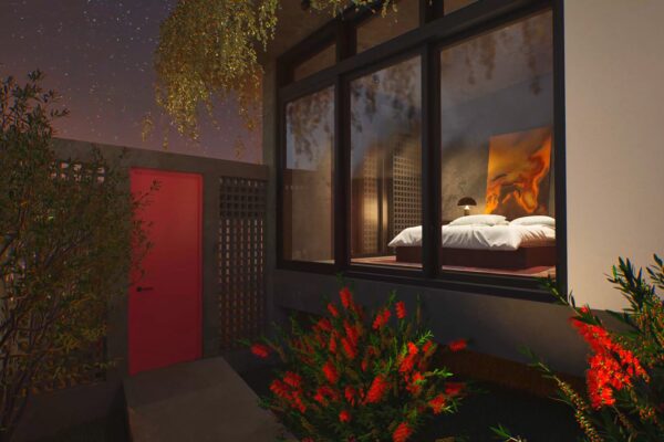 Diseño Conceptual de casa biofílica de concreto que tiene vida propia en un terreno inclinado.